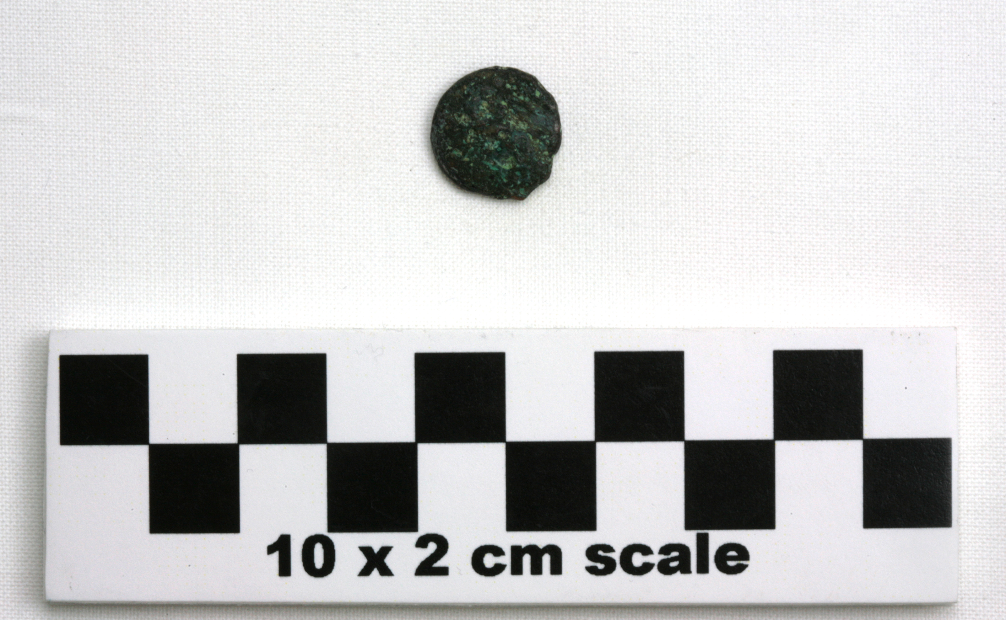 Image of item of type Coin and color very dark gray, corrosion-bluish green & green