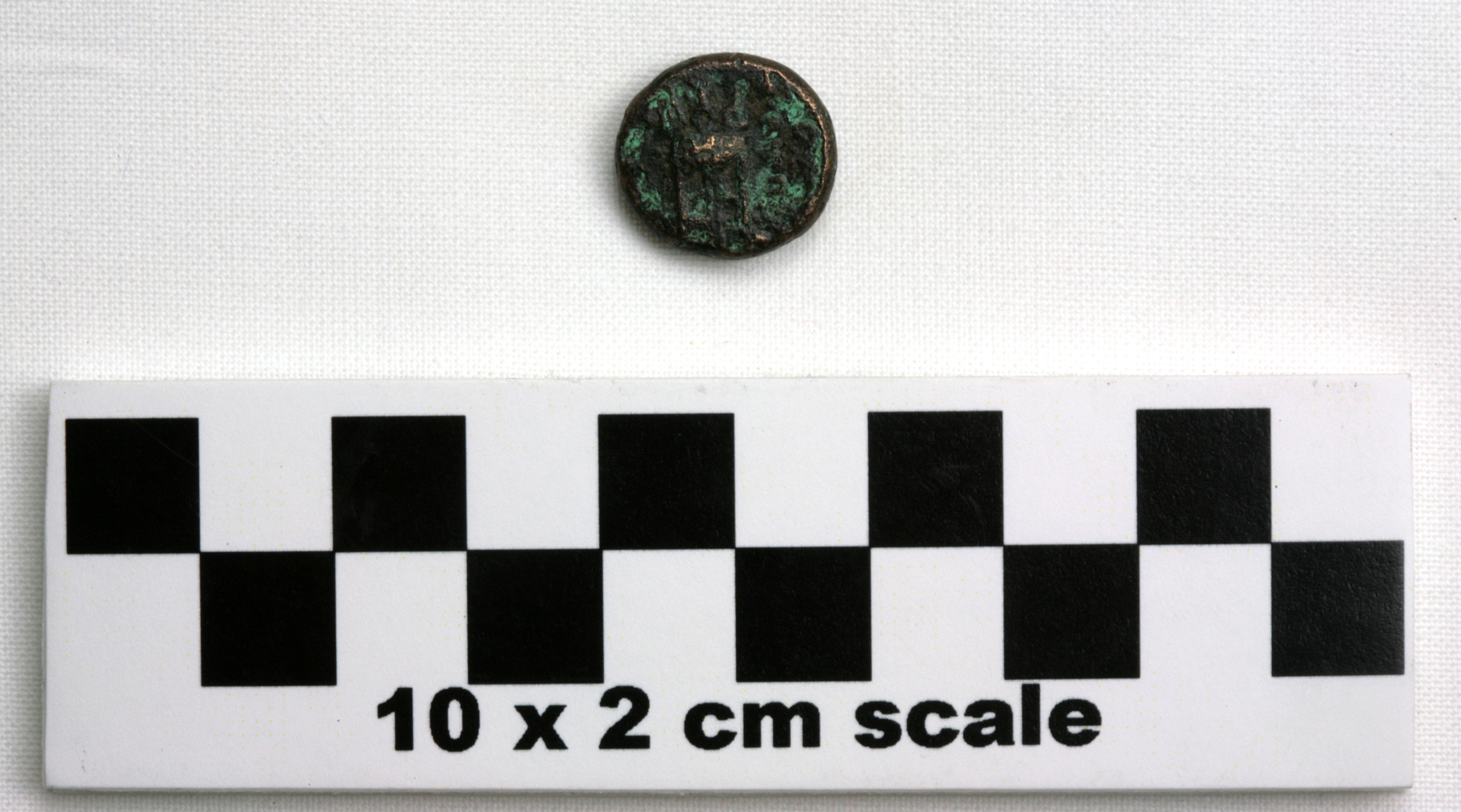 Image of item of type Coin and color bronze, very dark greenish gray, corrosion-pale green