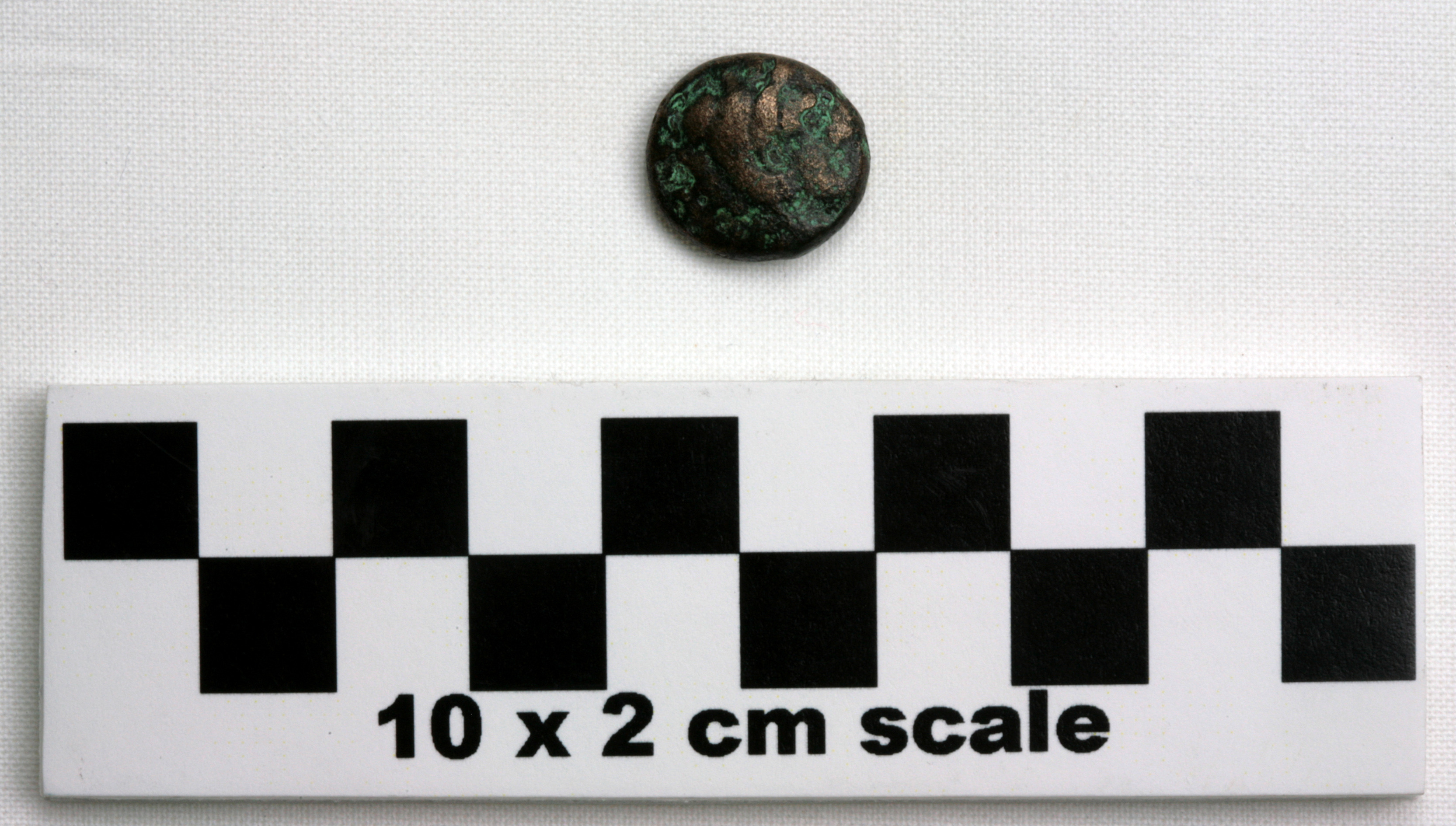 Image of item of type Coin and color bronze, very dark greenish gray, corrosion-pale green