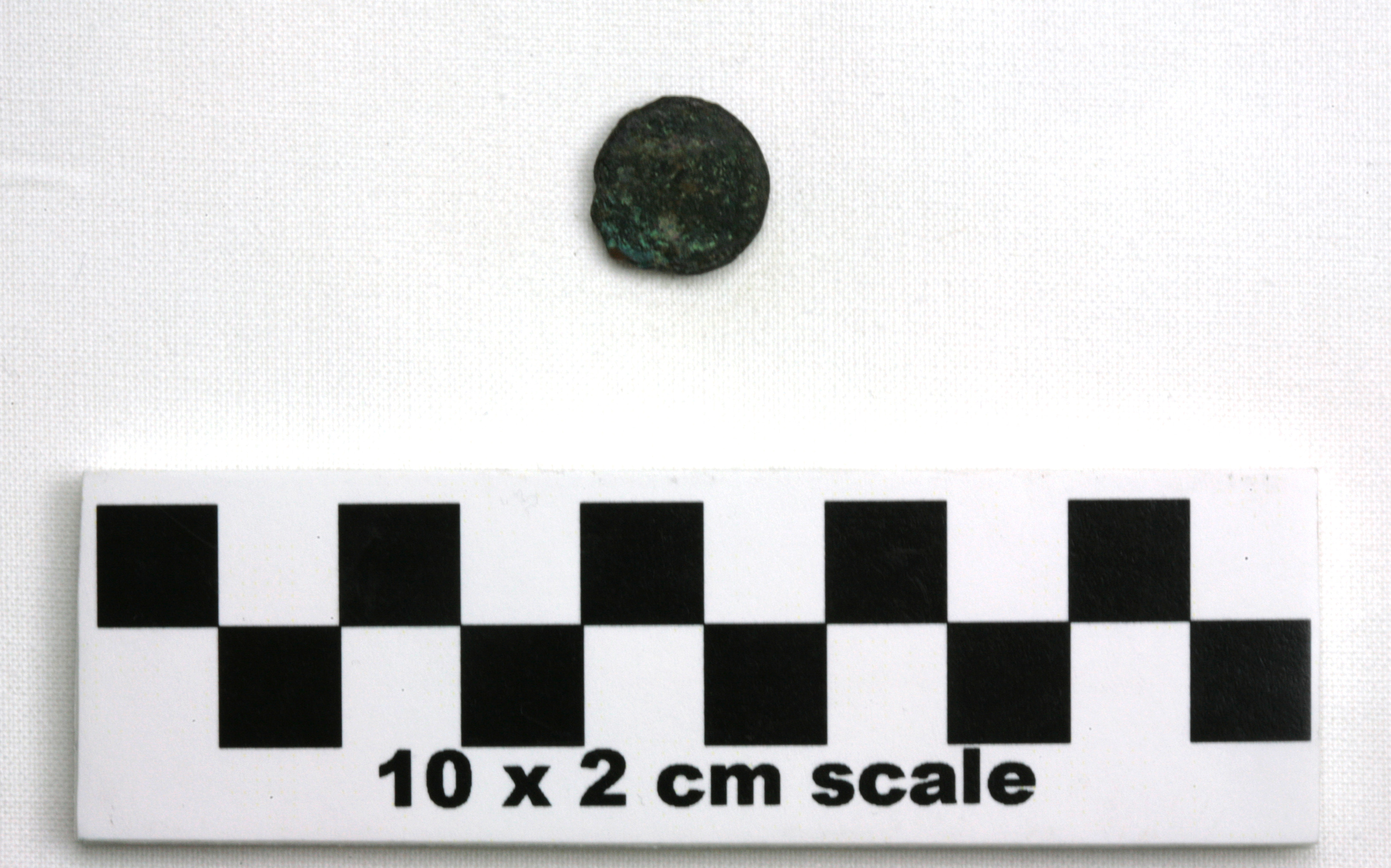 Image of item of type Coin and color very dark gray, corrosion-bluish green & green