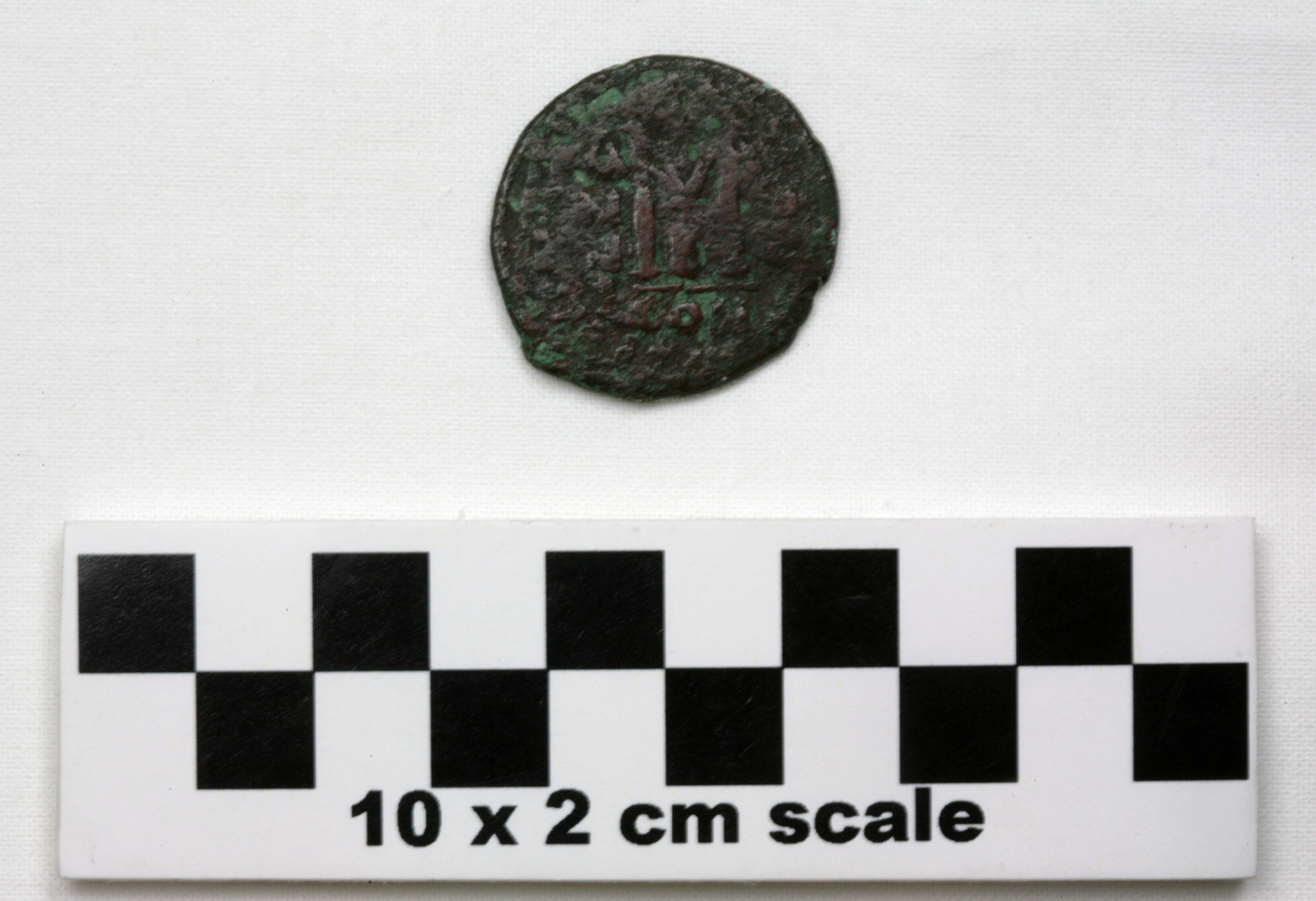 Image of item of type Coin and color Bronze, very dk gray, pale green corrosion